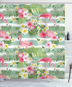 Retro Flamingo Hawaiian Leaves Flowers Stripe Shower Curtain For A Vintage Bathroom