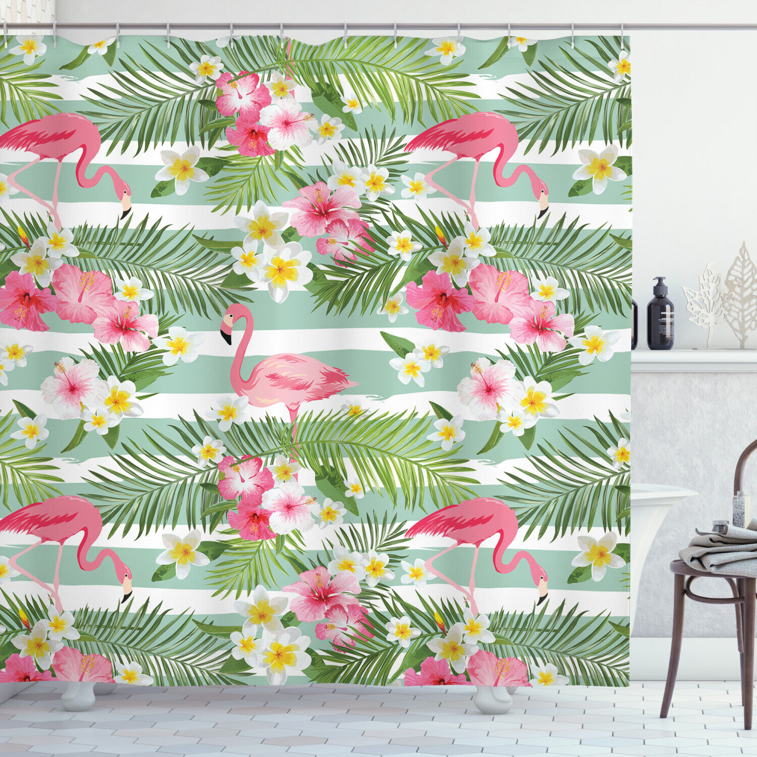 Retro Flamingo Hawaiian Leaves Flowers Stripe Shower Curtain For A Vintage Bathroom