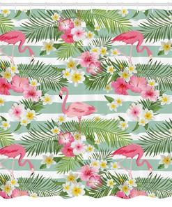 Retro Flamingo Hawaiian Leaves Flowers Stripe Shower Curtain For A Vintage Bathroom
