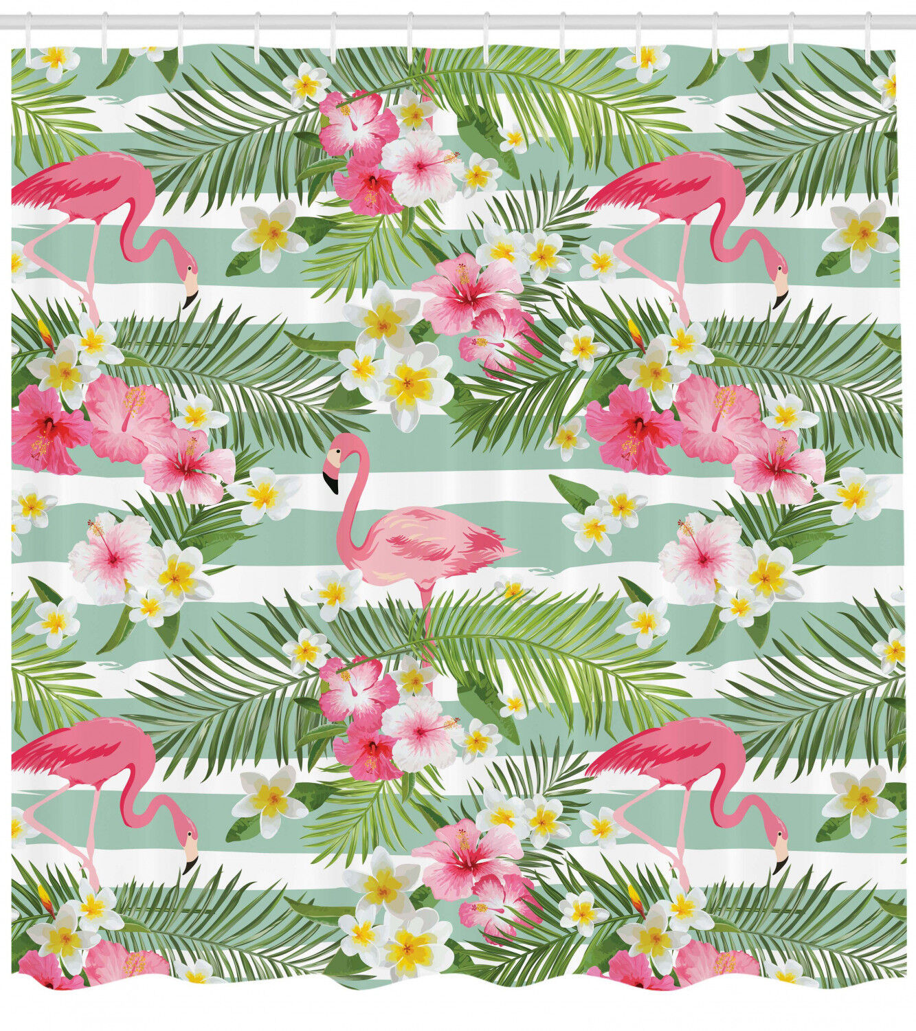 Retro Flamingo Hawaiian Leaves Flowers Stripe Shower Curtain For A Vintage Bathroom