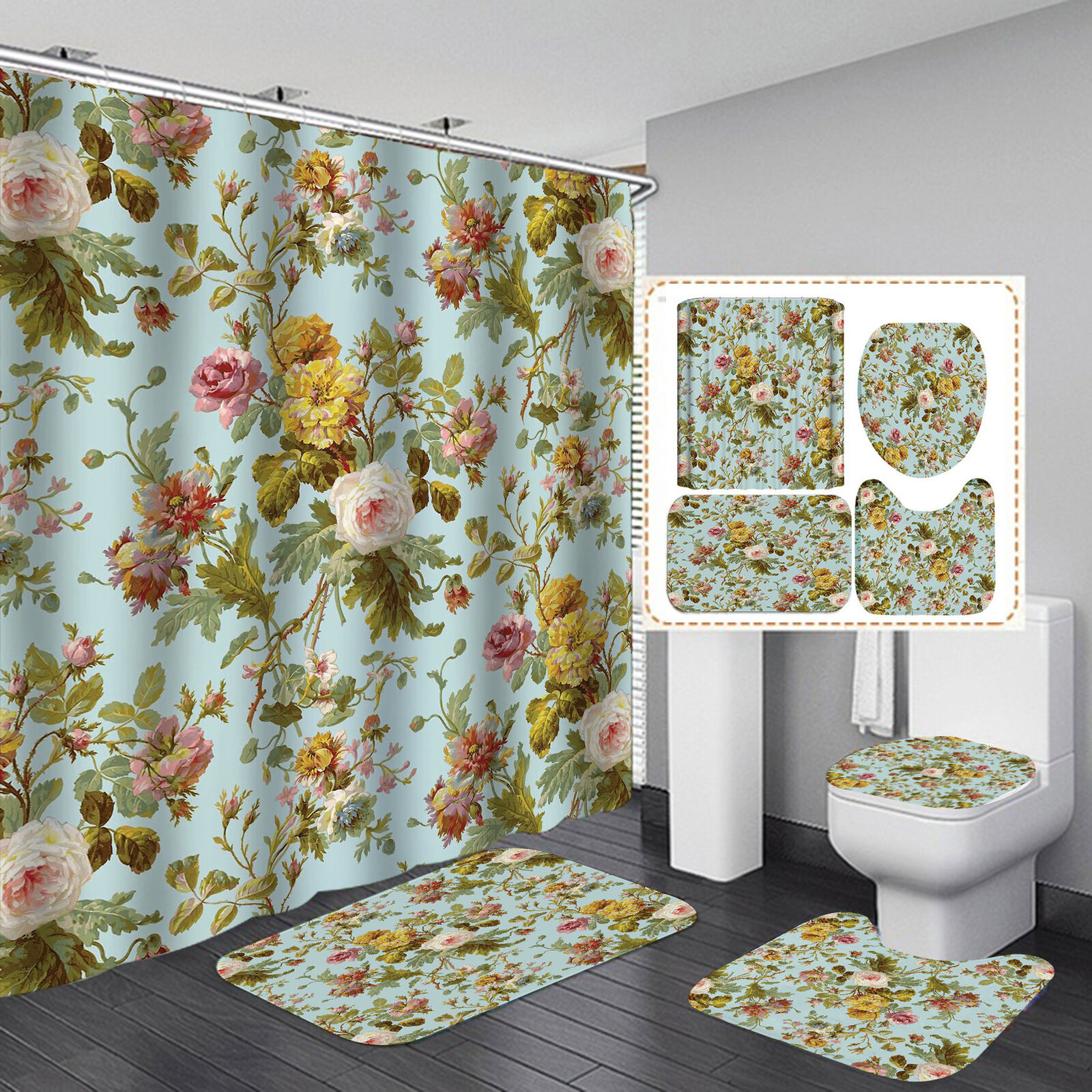 Retro Floral Boho Botanical Shower Curtain with Blush Pink Color