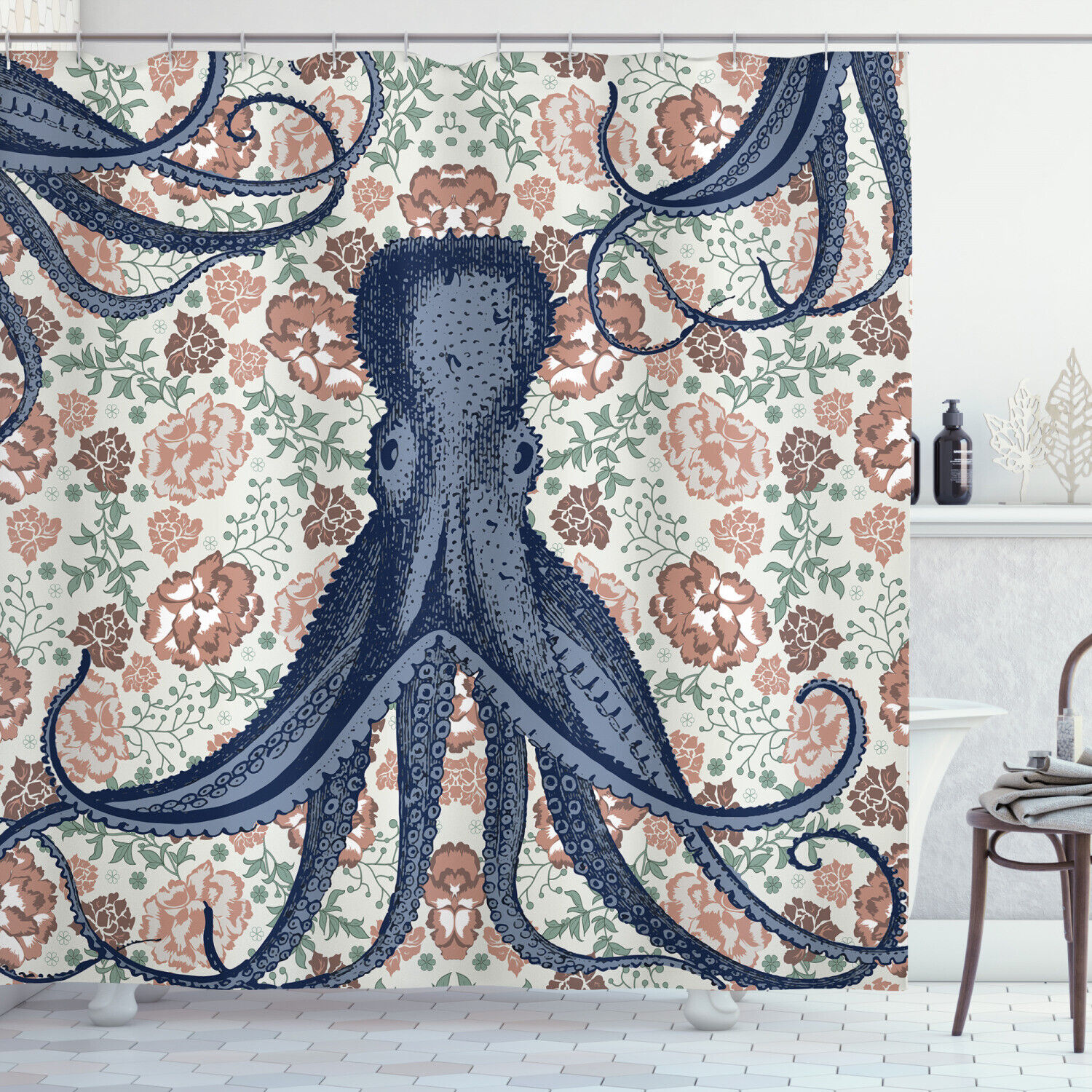 Retro Floral Octopus Shower Curtain for the Animal Lover.
