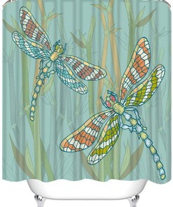 Retro Floral Sketch Dragonfly Shower Curtain for Vintage Bathroom