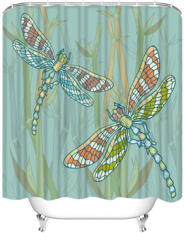 Retro Floral Sketch Dragonfly Shower Curtain for Vintage Bathroom