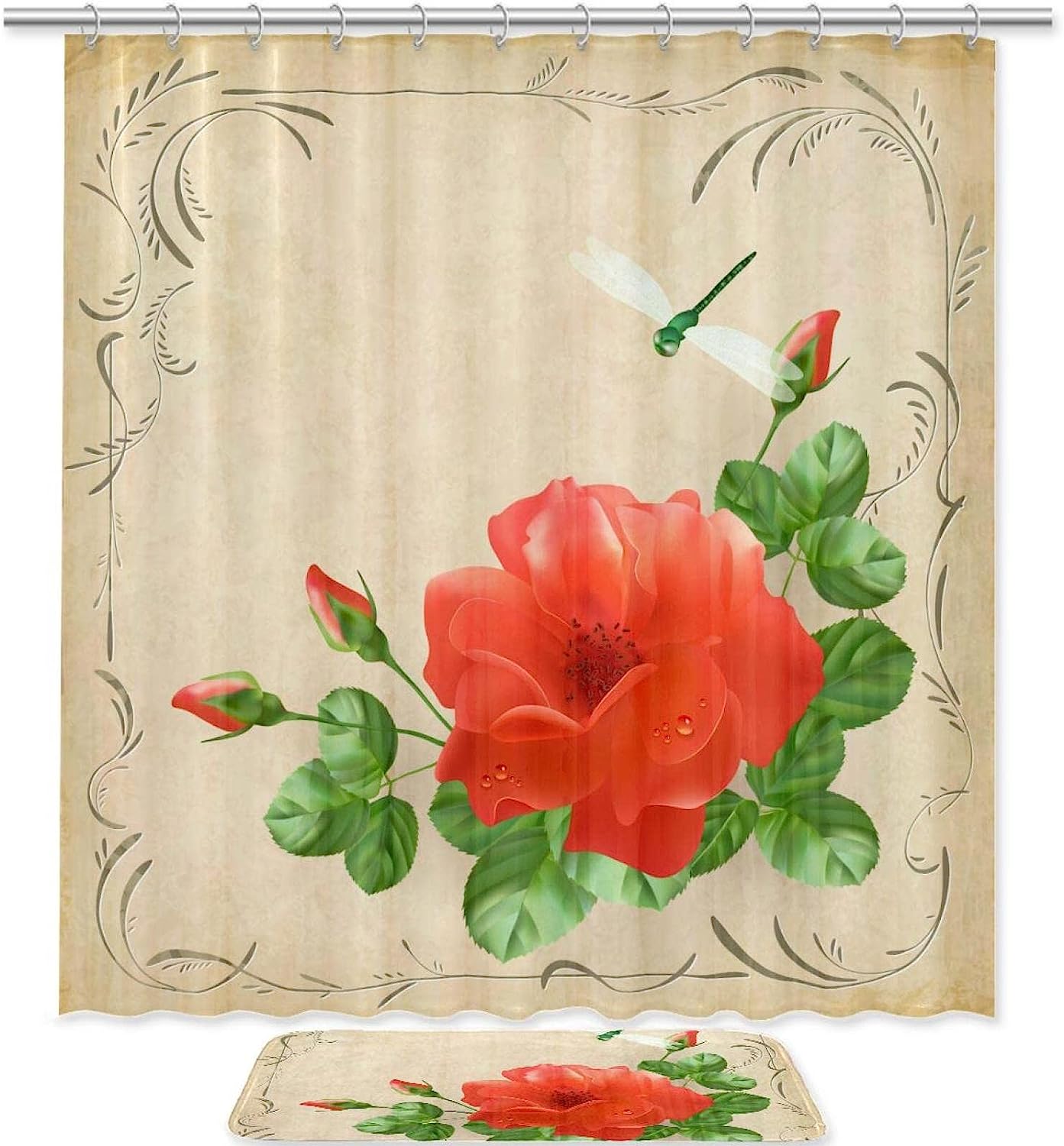Retro Flower And Dragonfly Print Shower Curtain For Vintage Bathroom Decor