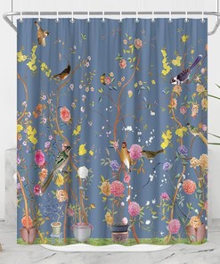 Retro Flower Bird Shower Curtain, Colorful Oriental Chinese Garden Bathroom Decor