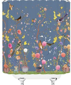 Retro Flower Bird Shower Curtain, Colorful Oriental Chinese Garden Bathroom Decor