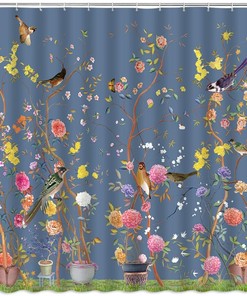 Retro Flower Bird Shower Curtain, Colorful Oriental Chinese Garden Bathroom Decor