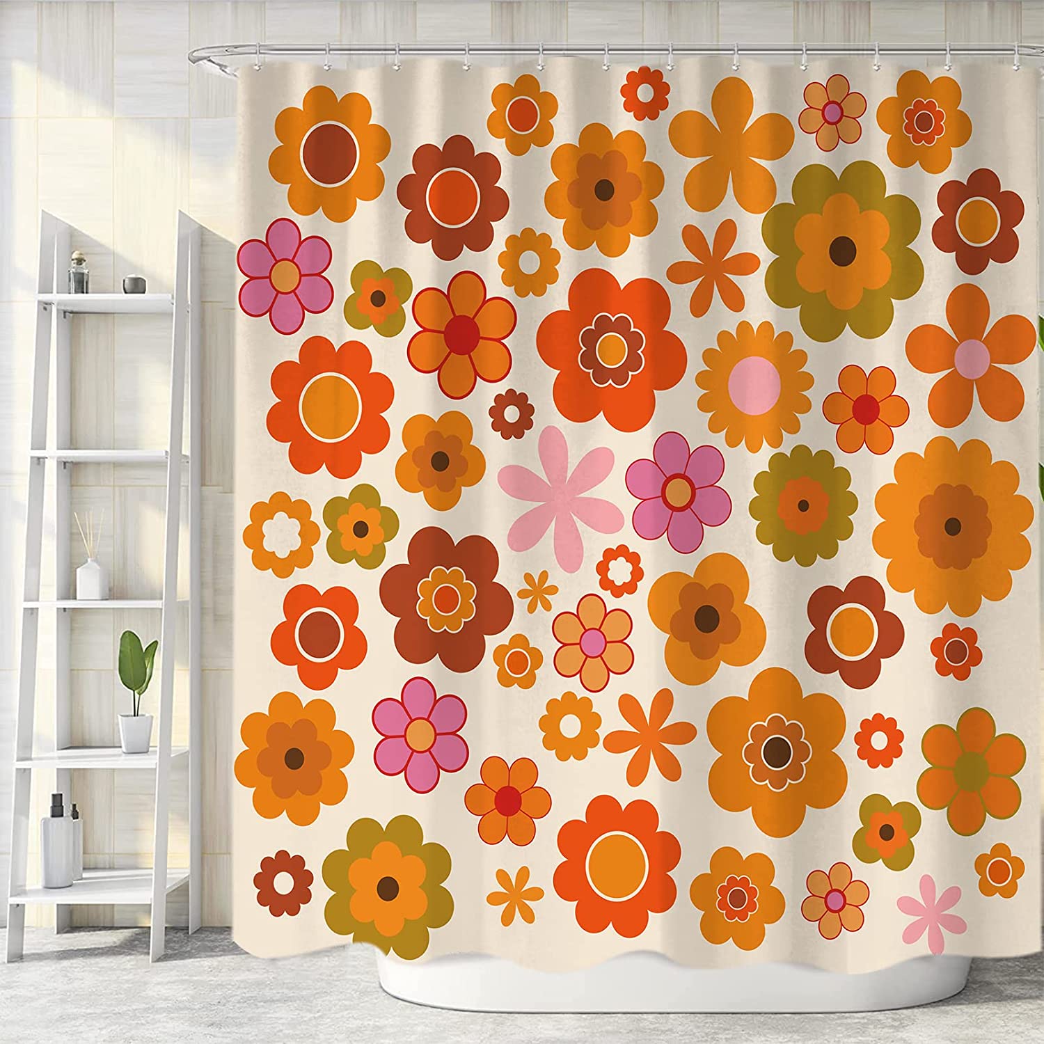 Retro Flowers Funky Hippie 1970 Boho Yellow Floral Decorations Bath Decor Shower Curtain