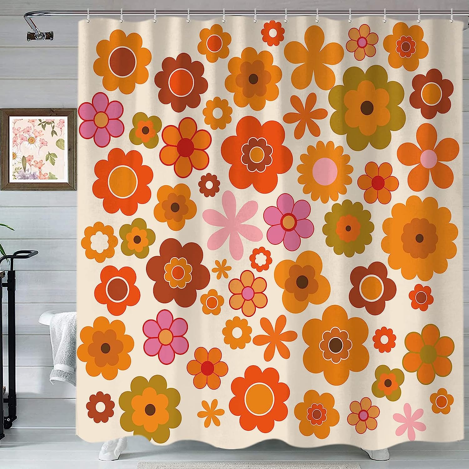 Retro Flowers Funky Hippie 1970 Boho Yellow Floral Decorations Bath Decor Shower Curtain