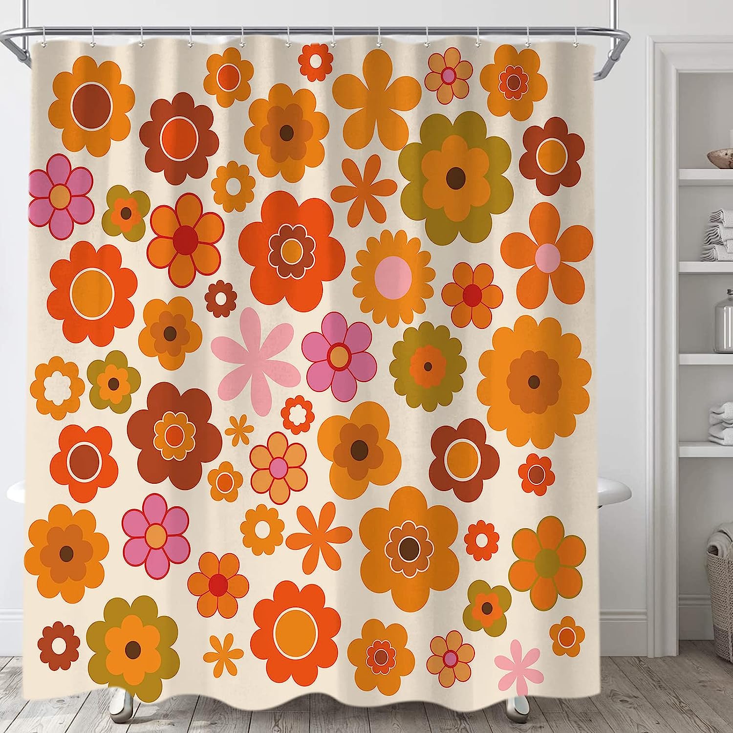 Retro Flowers Funky Hippie 1970 Boho Yellow Floral Decorations Bath Decor Shower Curtain