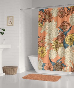 Retro Flowers Shower Curtain For 70S Bathroom Decor, Waterproof Curtain With Red, Blue, Yellow Pastel Floral Design