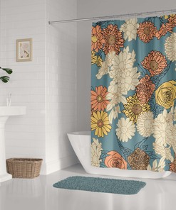 Retro Flowers Shower Curtain, Nature Bath Curtain With Waterproof Curtain, Red, Blue, Yellow Pastel Flower Design