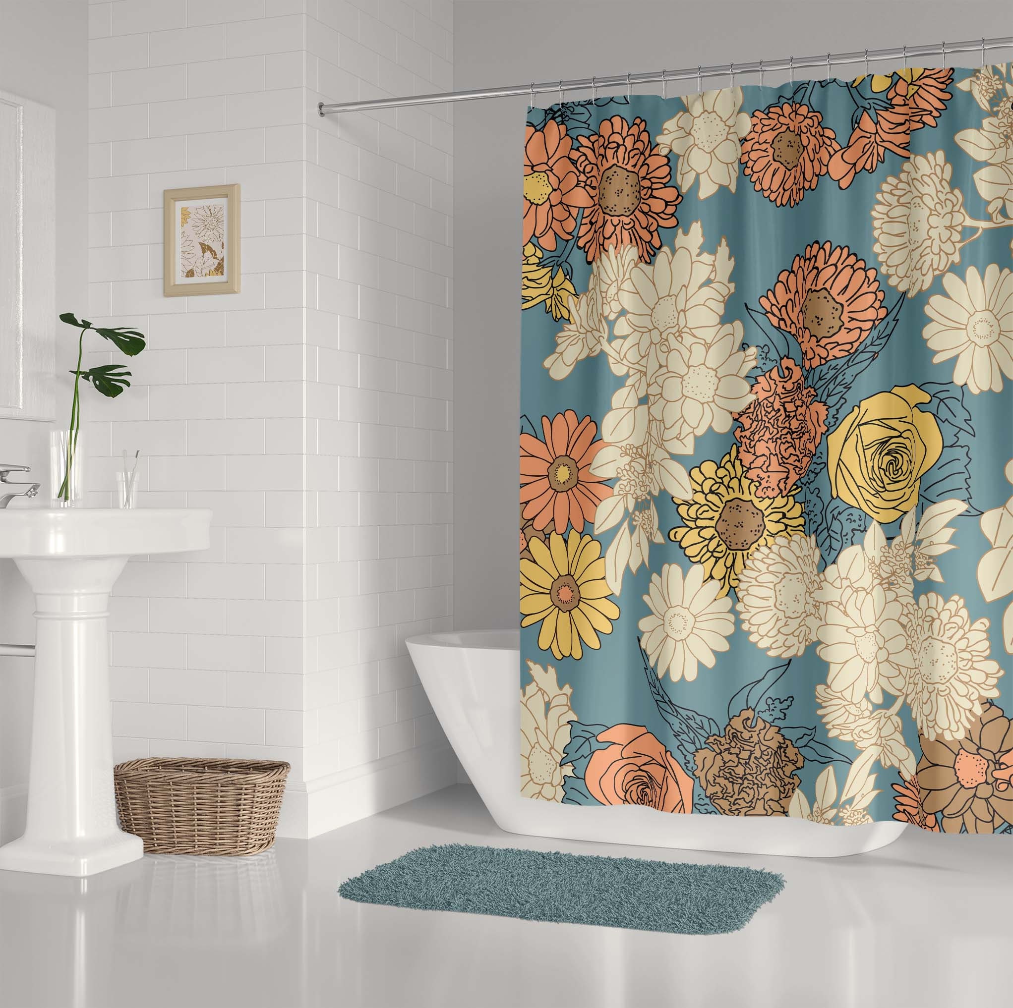 Retro Flowers Shower Curtain, Nature Bath Curtain With Waterproof Curtain, Red, Blue, Yellow Pastel Flower Design