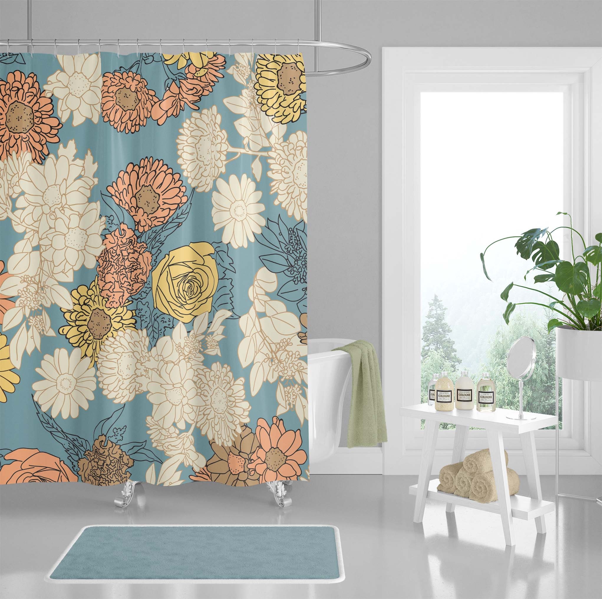 Retro Flowers Shower Curtain, Nature Bath Curtain With Waterproof Curtain, Red, Blue, Yellow Pastel Flower Design - Image 2