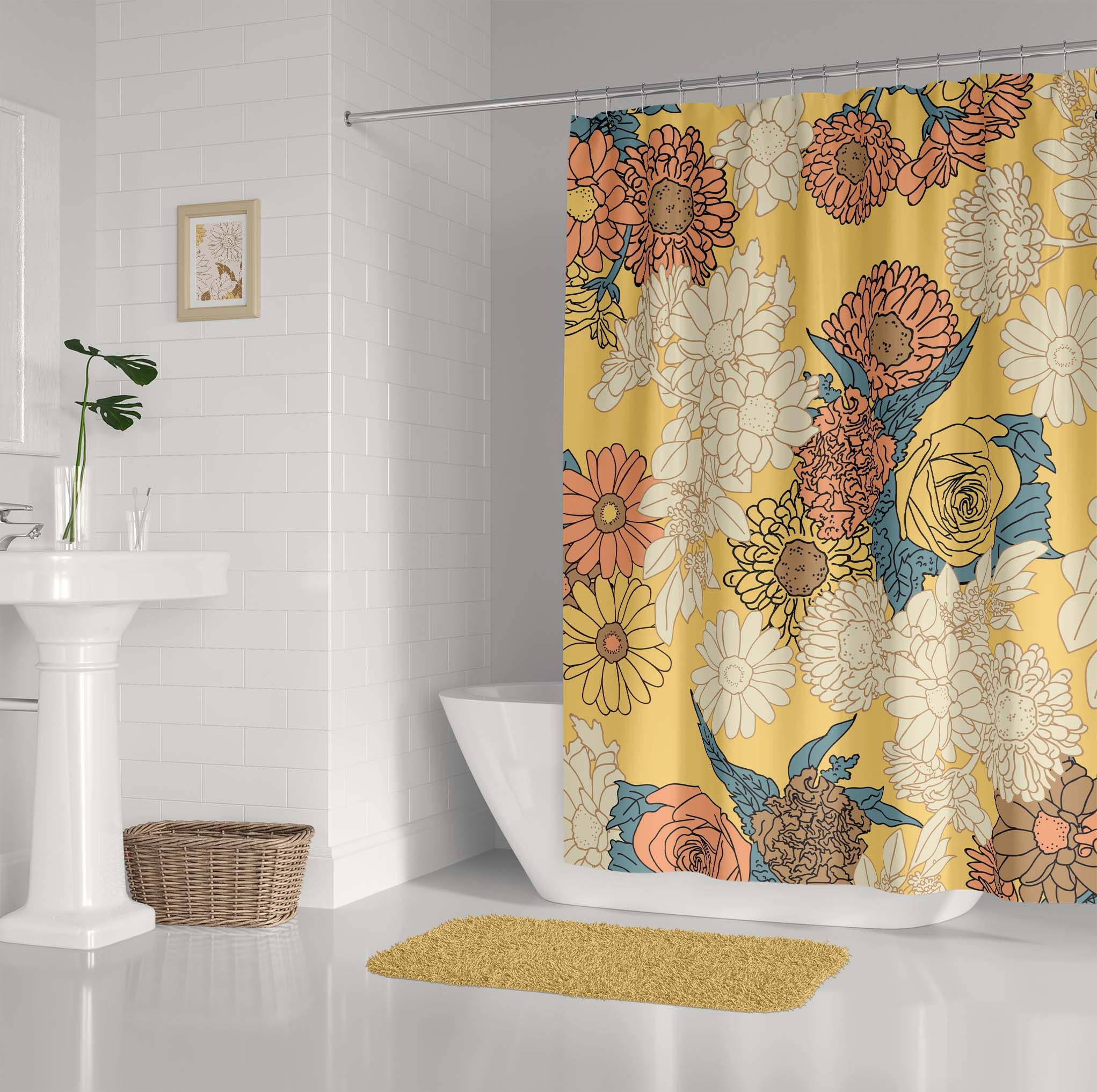Retro Flowers Shower Curtain, Nature Bath Curtain With Waterproof Curtain, Red, Blue, Yellow Pastel Flower Design - Image 3