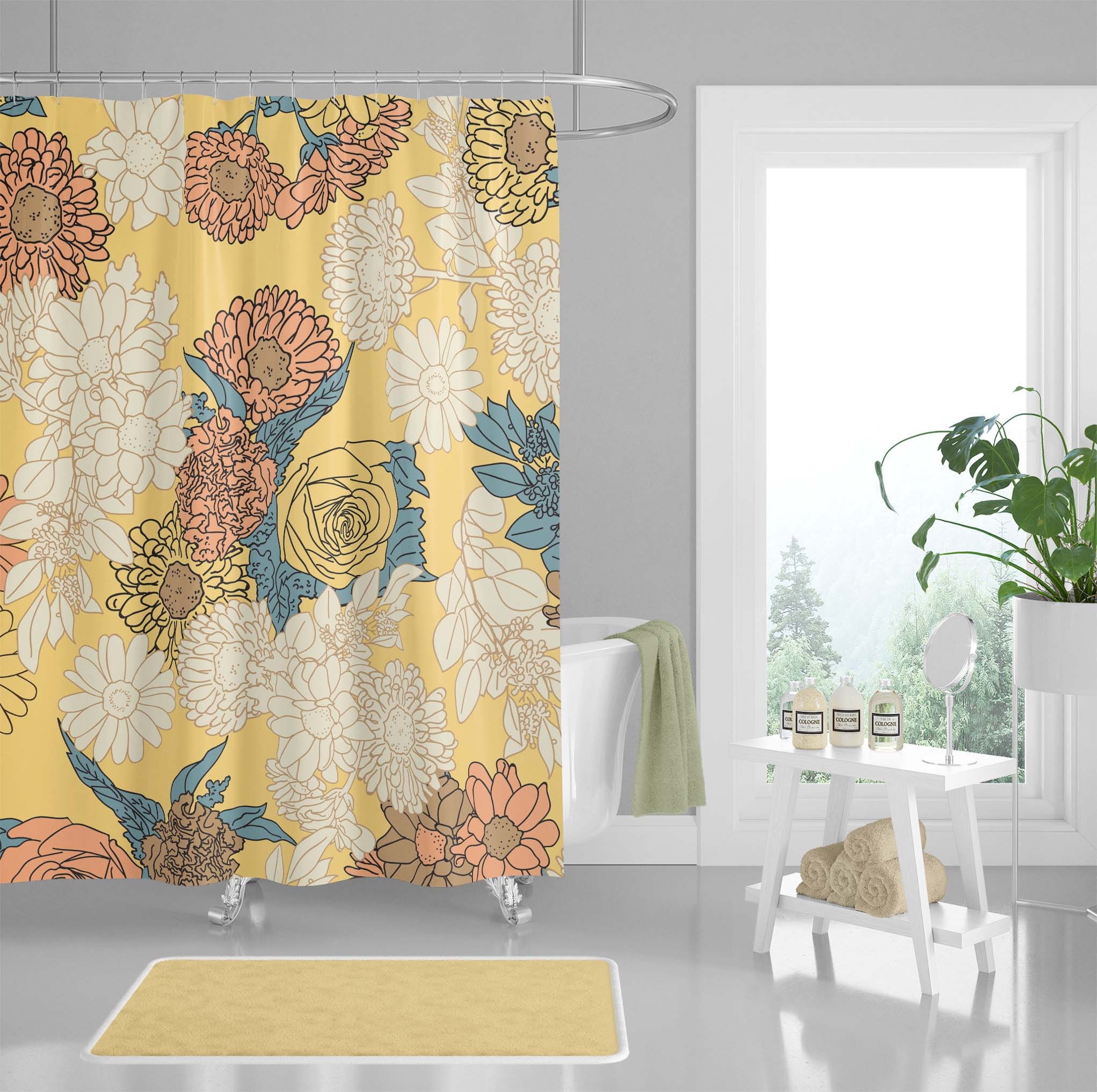 Retro Flowers Shower Curtain, Nature Bath Curtain With Waterproof Curtain, Red, Blue, Yellow Pastel Flower Design - Image 4