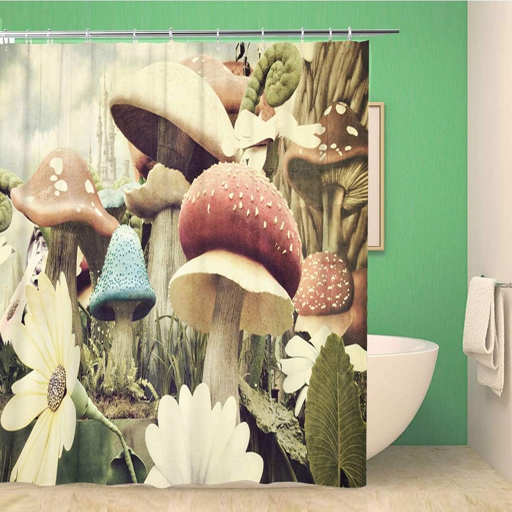 Retro Forest Mushroom Shower Curtain with Vintage Garden Design - Waterproof Fabric Bathroom Decor