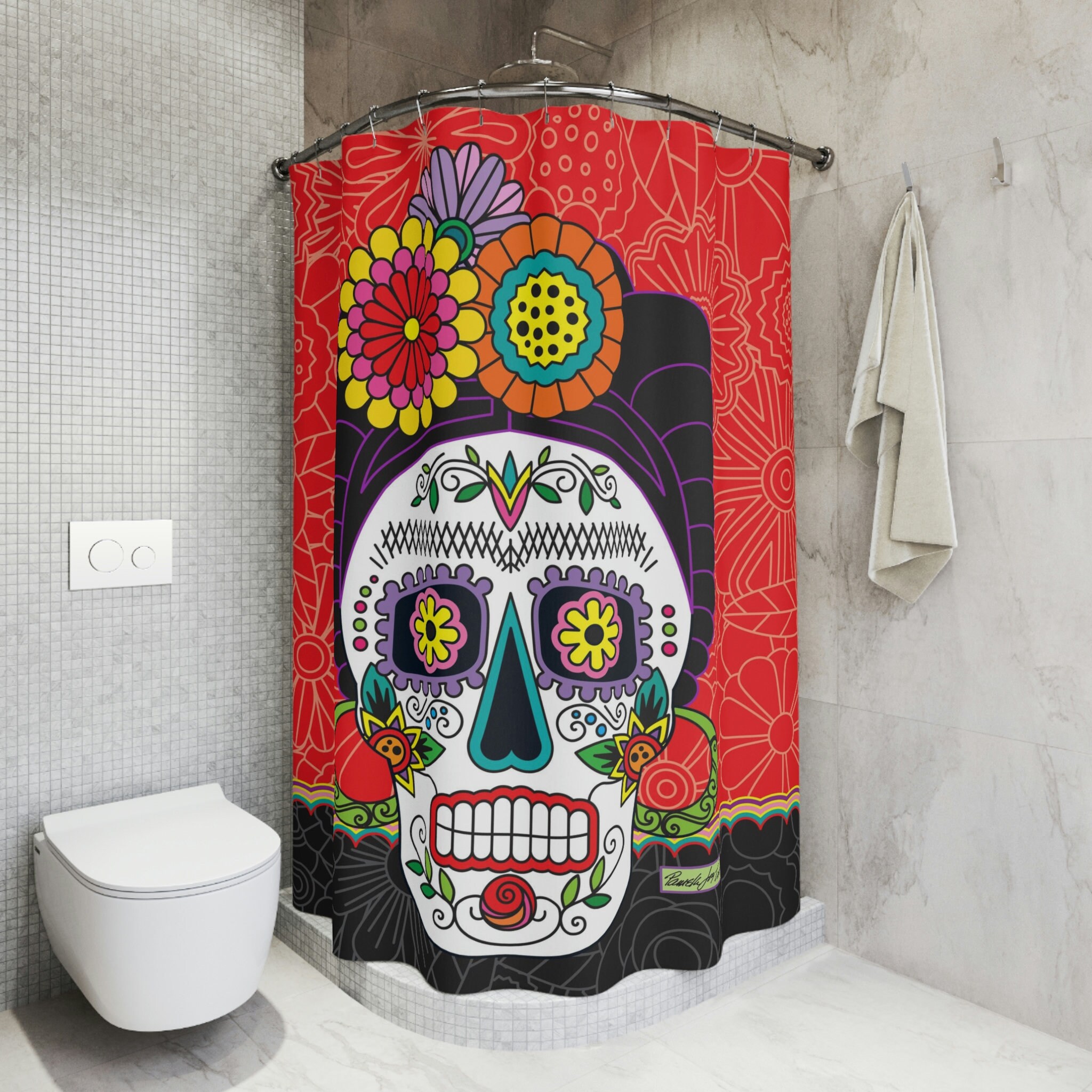 Retro Frida Sugar Skull Shower Curtain - Add Some Fun And Color To Your Bath Space
