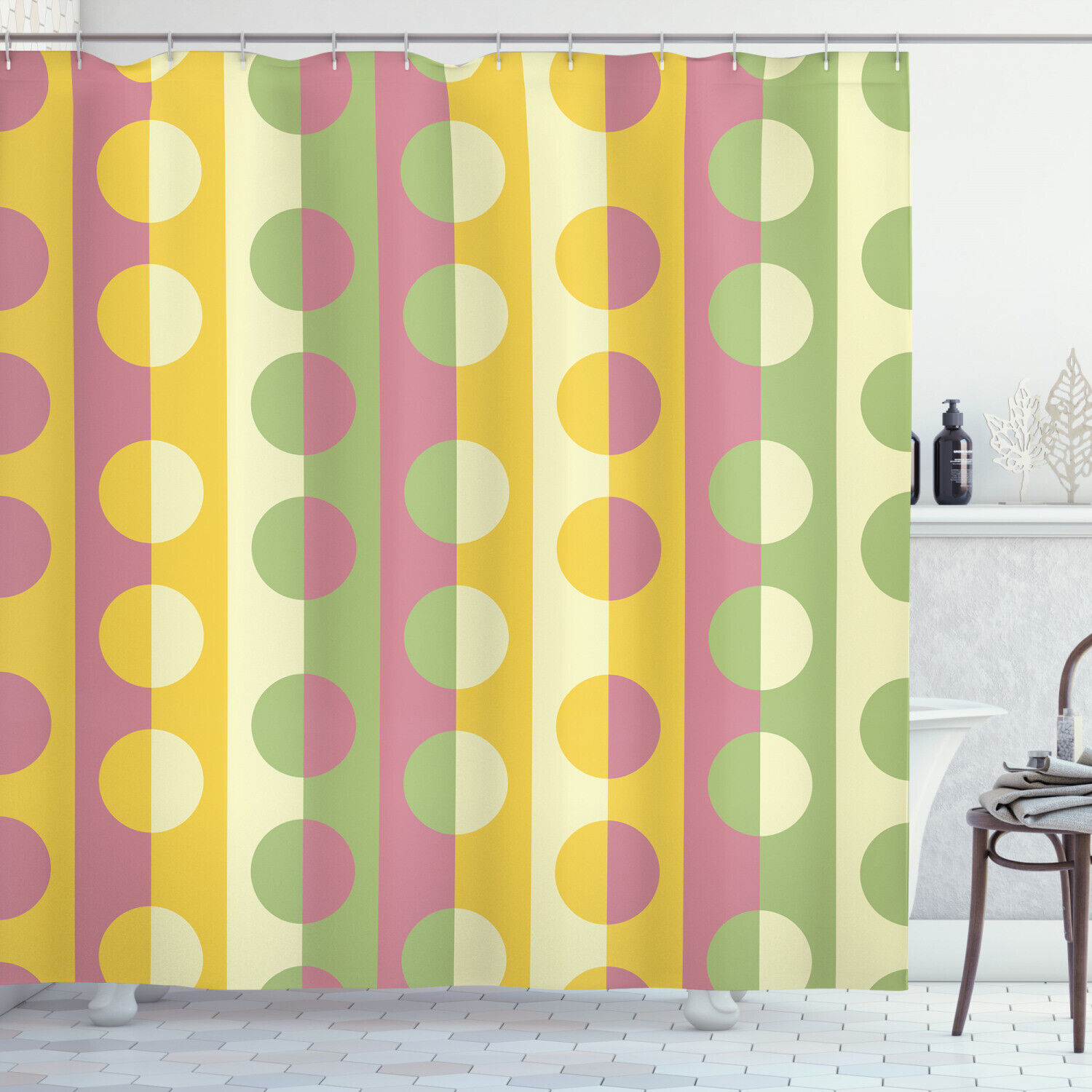 Retro Geometric Stripe Print Shower Curtain For Mid-Century Modern Bathroom Decor