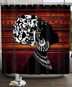 Retro Geometric Stripe Shower Curtain - African American Woman Bathroom Decor