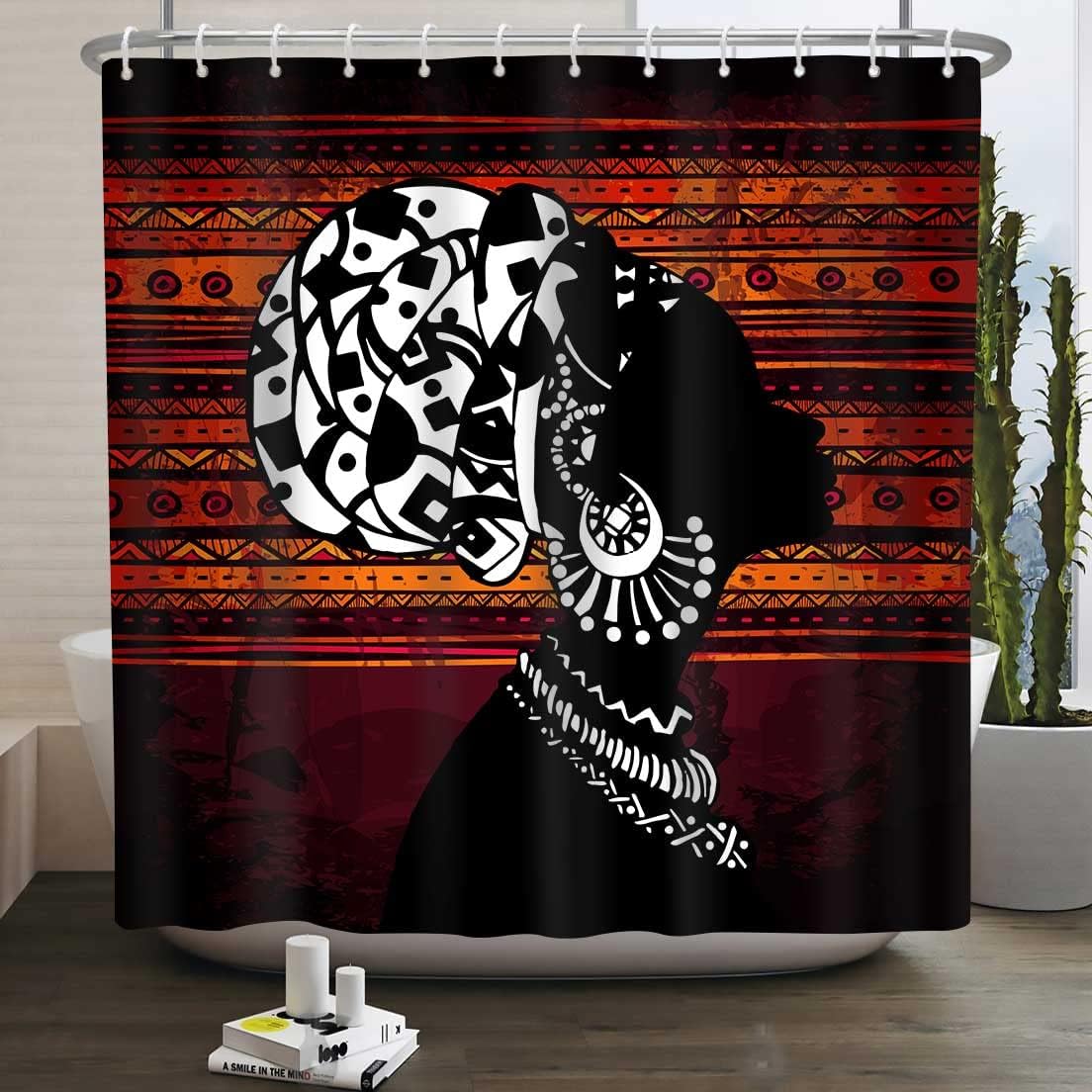 Retro Geometric Stripe Shower Curtain - African American Woman Bathroom Decor