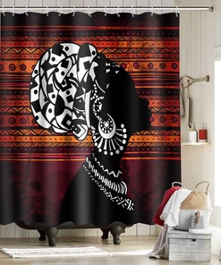 Retro Geometric Stripe Shower Curtain - African American Woman Bathroom Decor