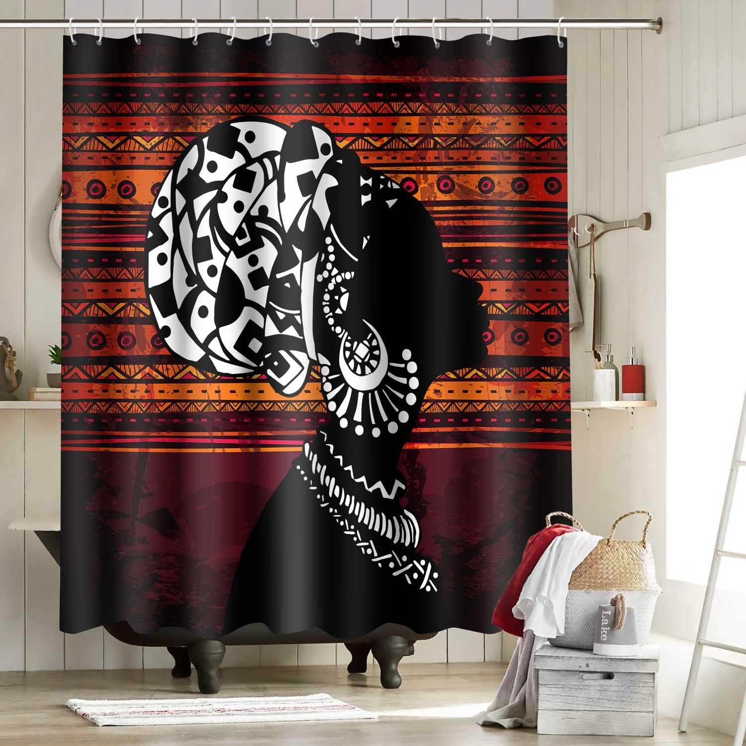Retro Geometric Stripe Shower Curtain - African American Woman Bathroom Decor