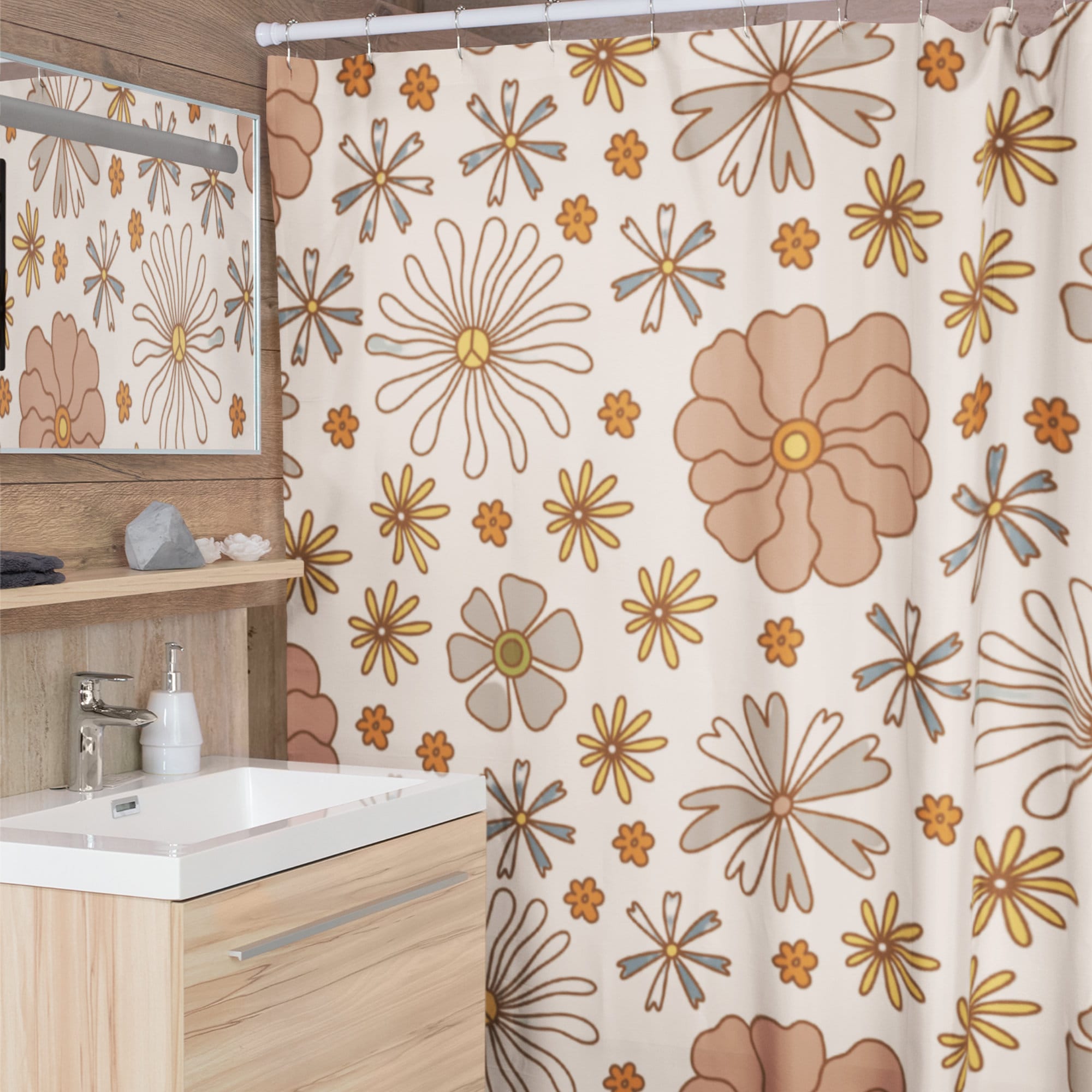Retro Geometric Triangle Printed Shower Curtain for Bathroom Decor