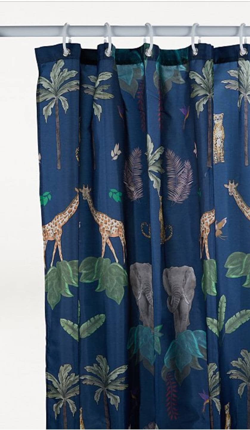 Retro Graphic Blue Monstera Leaves Shower Curtain, Botanical Plant Bath Decor, Waterproof Curtains