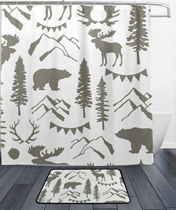 Retro Grey Forest Moose Bear Mountain Trees Shower Curtain for a Vintage Look
