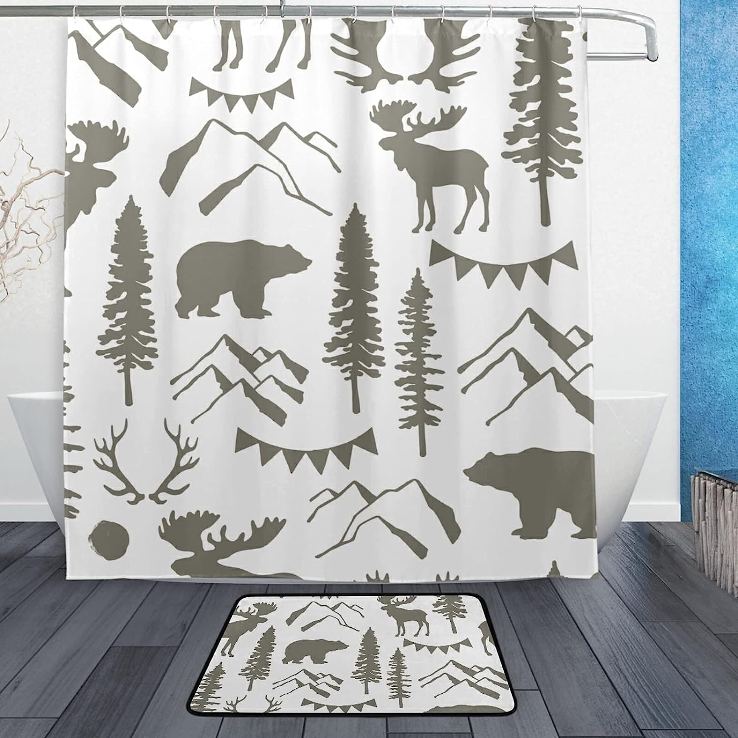 Retro Grey Forest Moose Bear Mountain Trees Shower Curtain for a Vintage Look