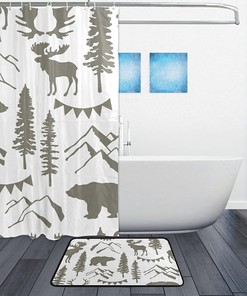 Retro Grey Forest Moose Bear Mountain Trees Shower Curtain for a Vintage Look