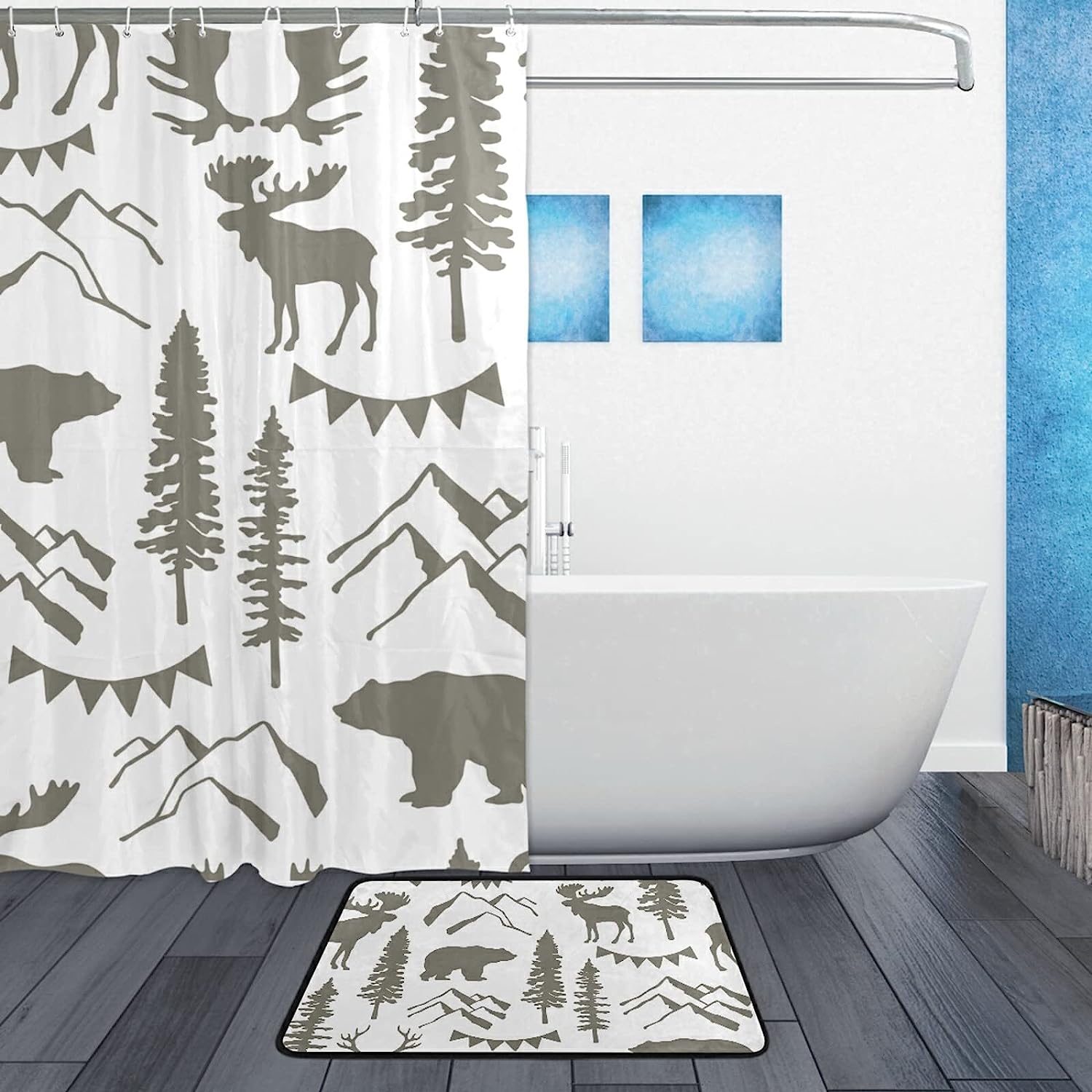 Retro Grey Forest Moose Bear Mountain Trees Shower Curtain for a Vintage Look