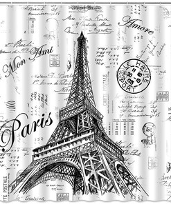 Retro Hand-Painted Eiffel Tower Shower Curtain, Paris Theme Bathroom Decor with French Landmark Print