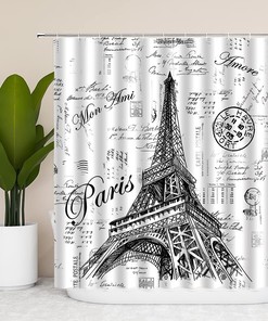 Retro Hand-Painted Eiffel Tower Shower Curtain, Paris Theme Bathroom Decor with French Landmark Print