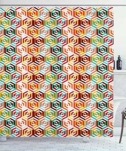 Retro Hexagonal Geometric Pattern Shower Curtain For Modern Bathroom Decor