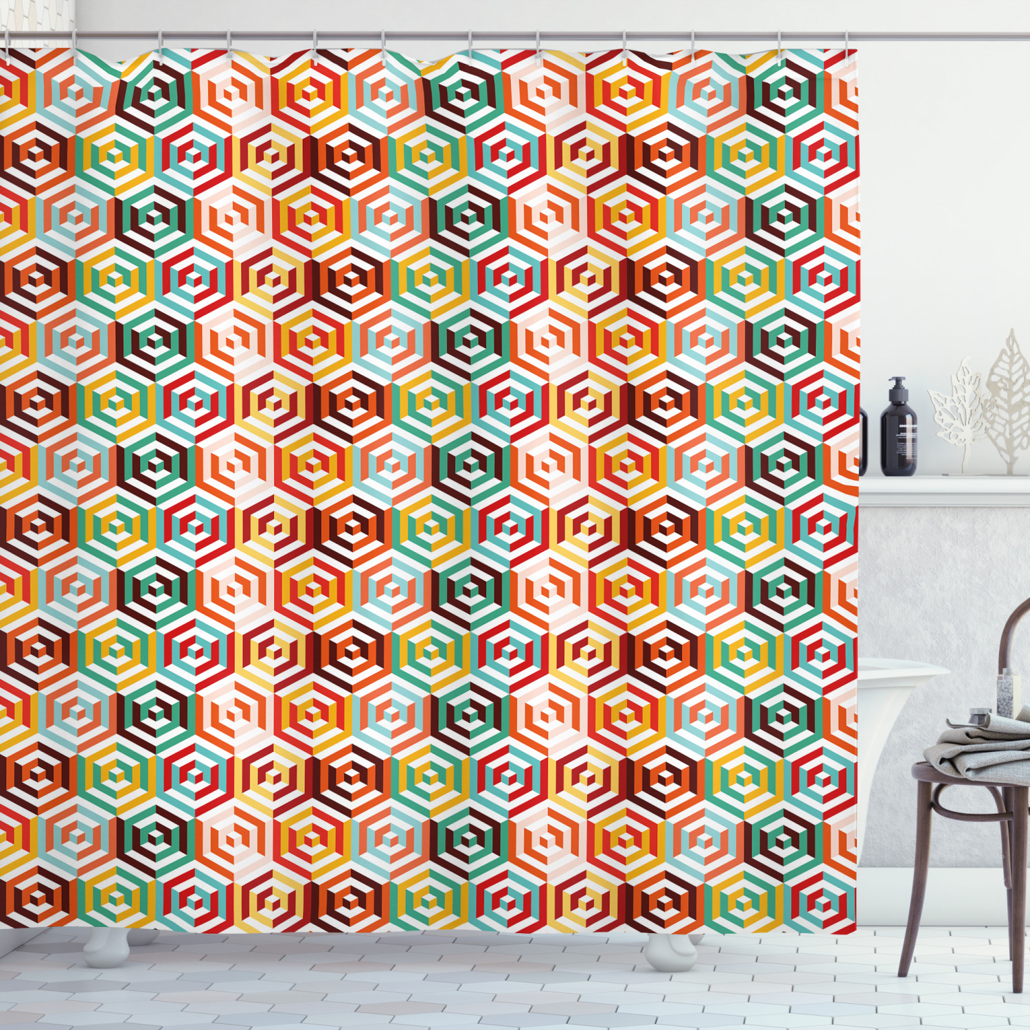 Retro Hexagonal Geometric Pattern Shower Curtain For Modern Bathroom Decor