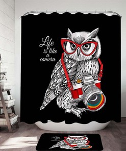 Retro Hipster Photographer Owl Funny Shower Curtain Bathroom Decoration