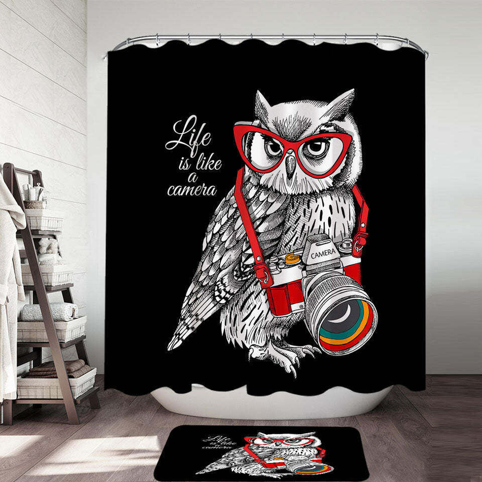 Retro Hipster Photographer Owl Funny Shower Curtain Bathroom Decoration