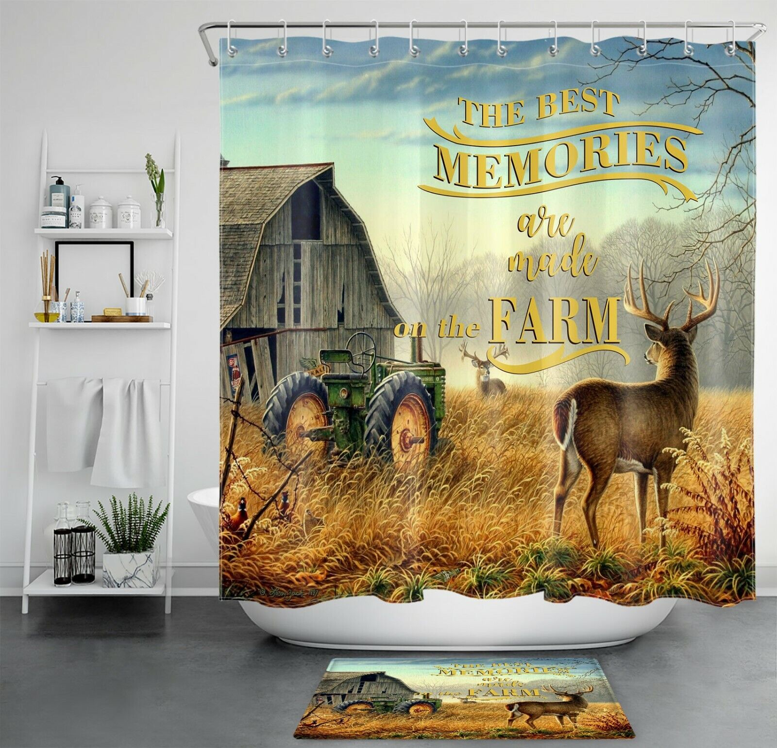 Retro Hunting Elk Shower Curtain For Farmhouse Bathroom