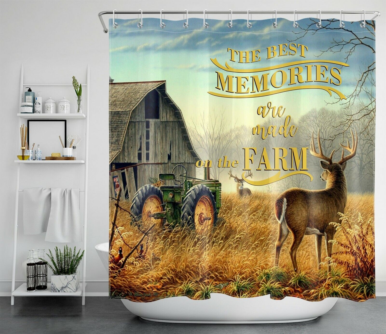 Retro Hunting Elk Shower Curtain For Farmhouse Bathroom