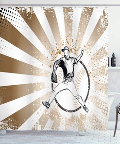 Retro Illustration Of Baseball Player Shower Curtain In Brown And White Pop Art