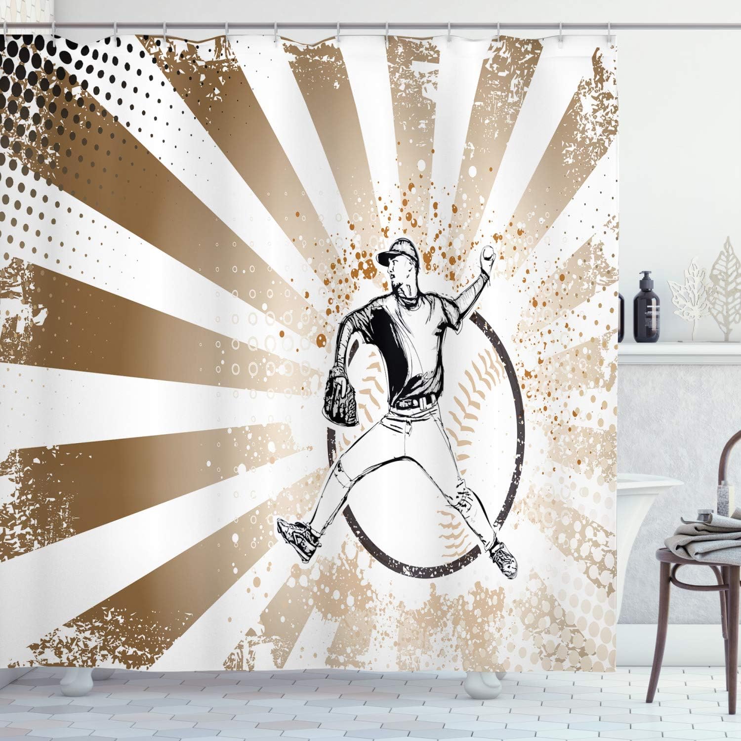 Retro Illustration Of Baseball Player Shower Curtain In Brown And White Pop Art