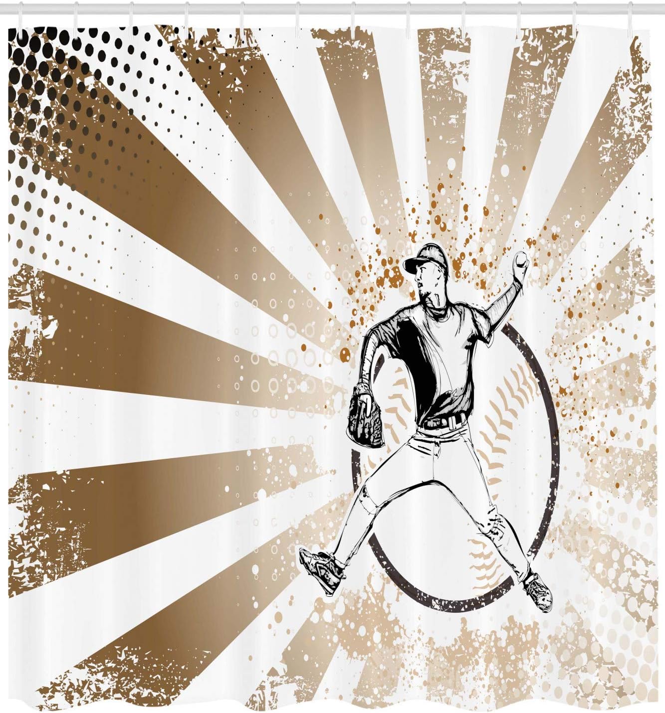 Retro Illustration Of Baseball Player Shower Curtain In Brown And White Pop Art - Image 2