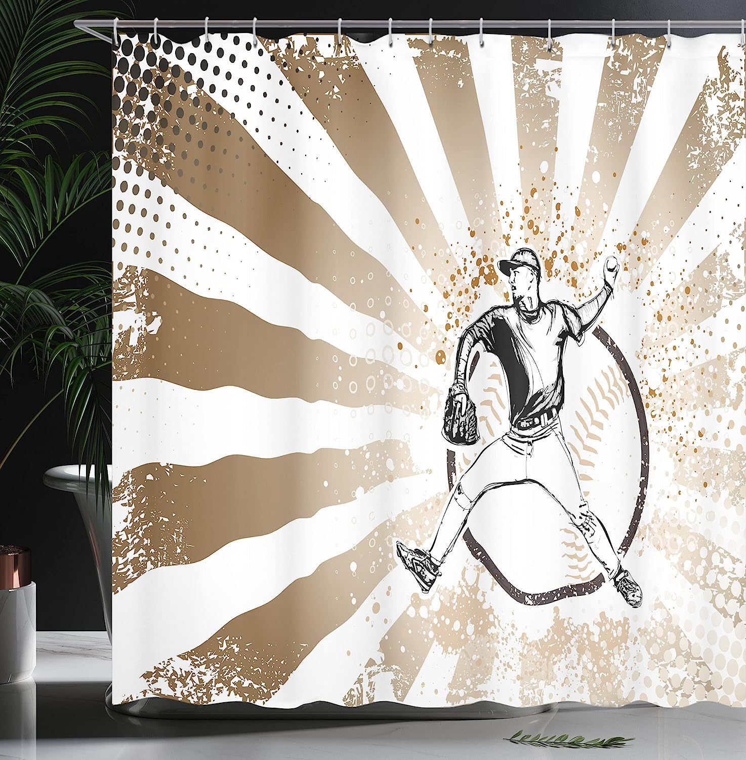 Retro Illustration Of Baseball Player Shower Curtain In Brown And White Pop Art - Image 3