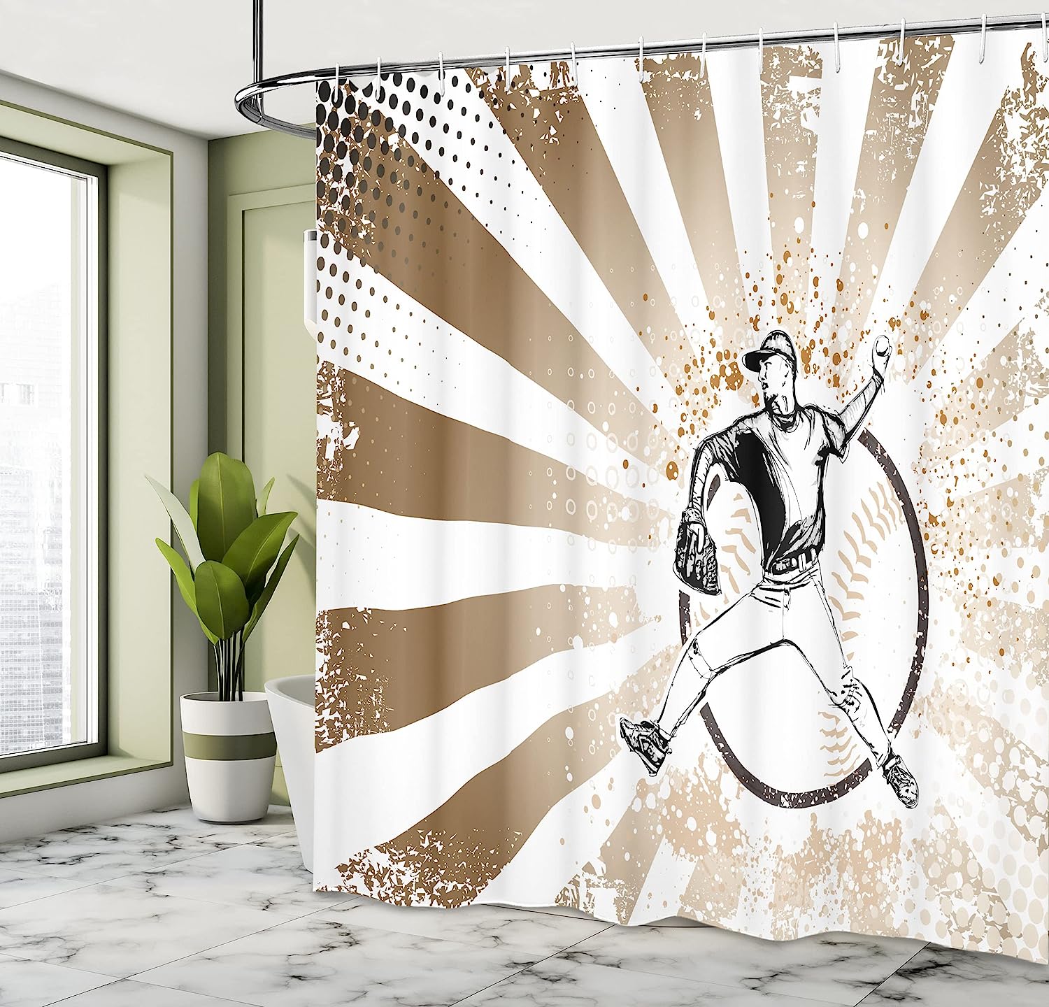 Retro Illustration Of Baseball Player Shower Curtain In Brown And White Pop Art - Image 4