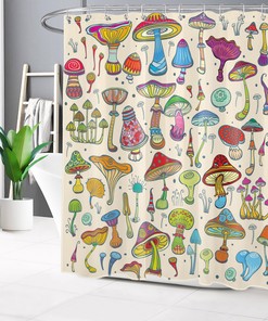 Retro Inspired Cartoon Colorful Mushroom On Beige Shower Curtain For Bathroom Decor