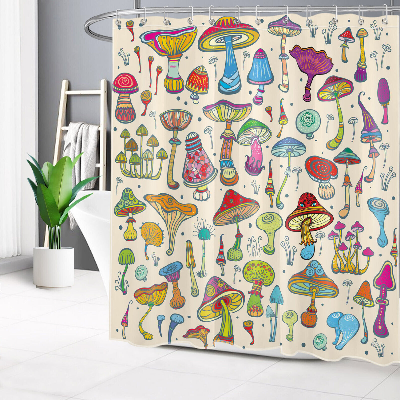 Retro Inspired Cartoon Colorful Mushroom On Beige Shower Curtain For Bathroom Decor
