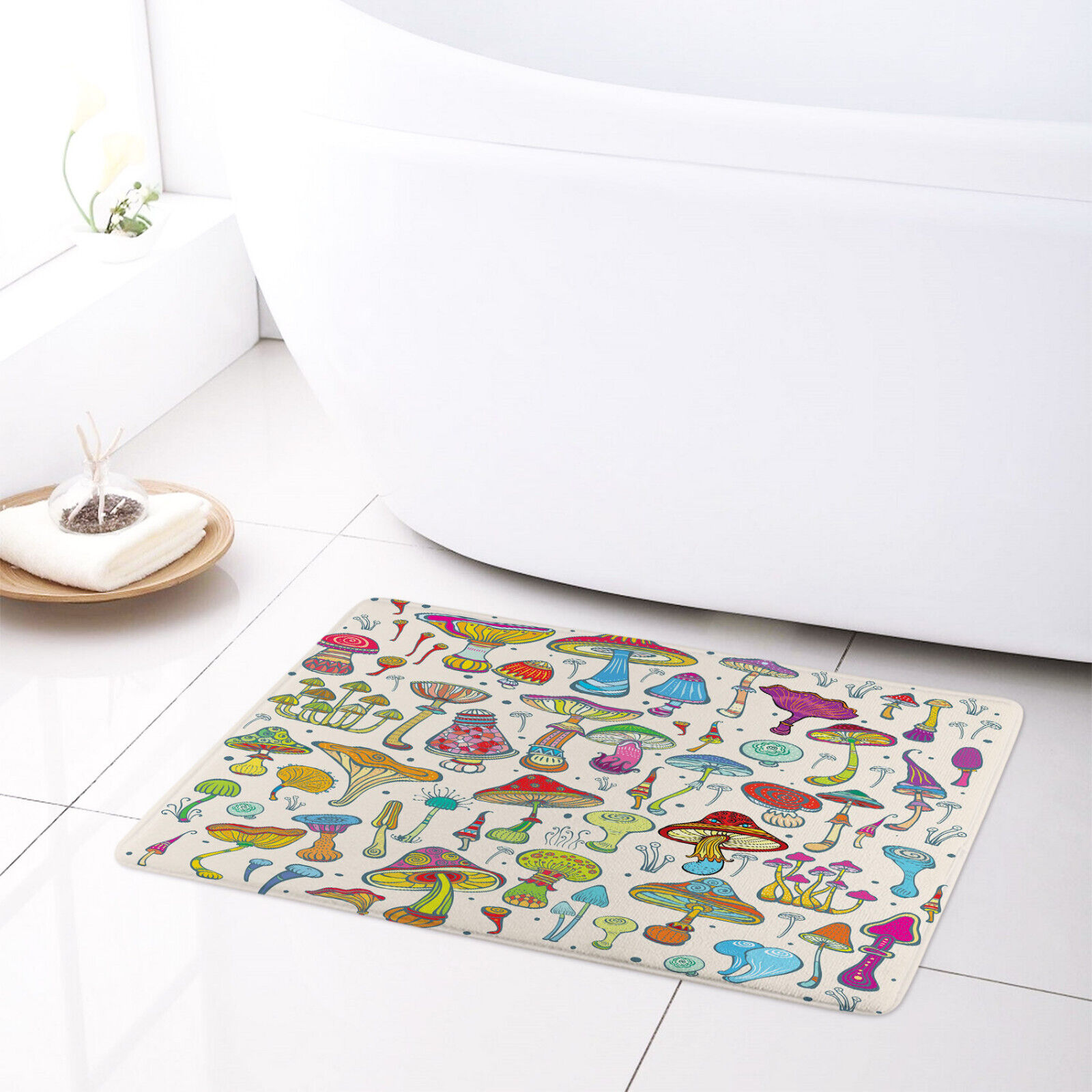Retro Inspired Cartoon Colorful Mushroom On Beige Shower Curtain For Bathroom Decor - Image 2